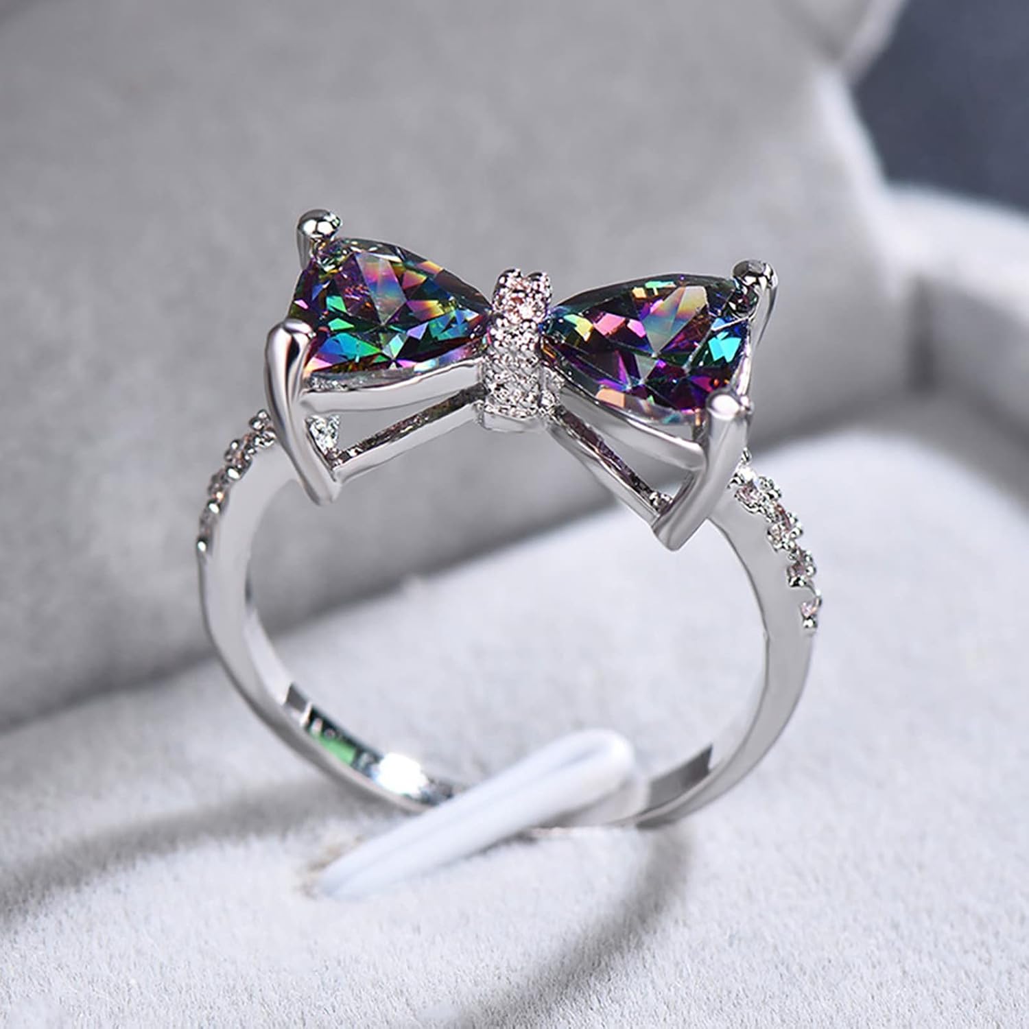 Damen Sterling Silber Beschichtet Funkelnder Mehrfarbiger Diamantgeschliffener Kristall Schleifenring | Shop Nory
