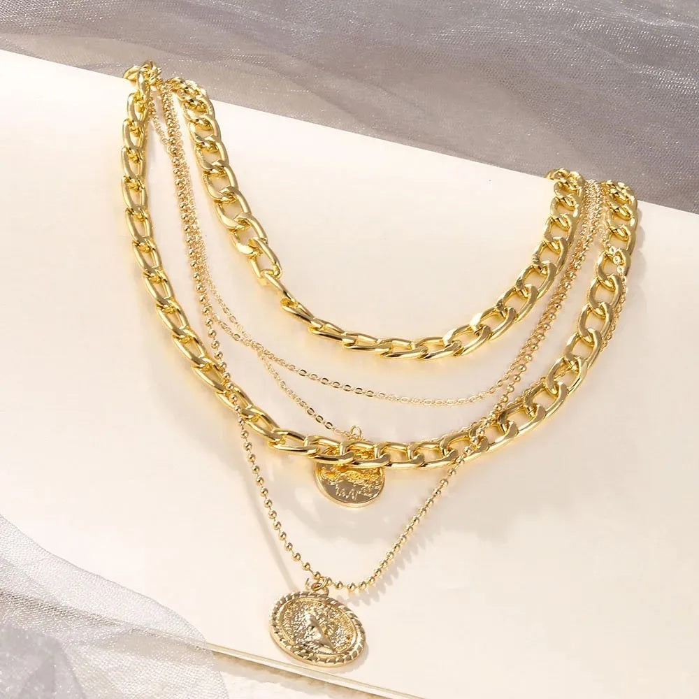 Damen Gold beschichtete dicke Glieder dünne Kette 5tlg Multi-Layer Münzanhänger Halskette | Shop Nory