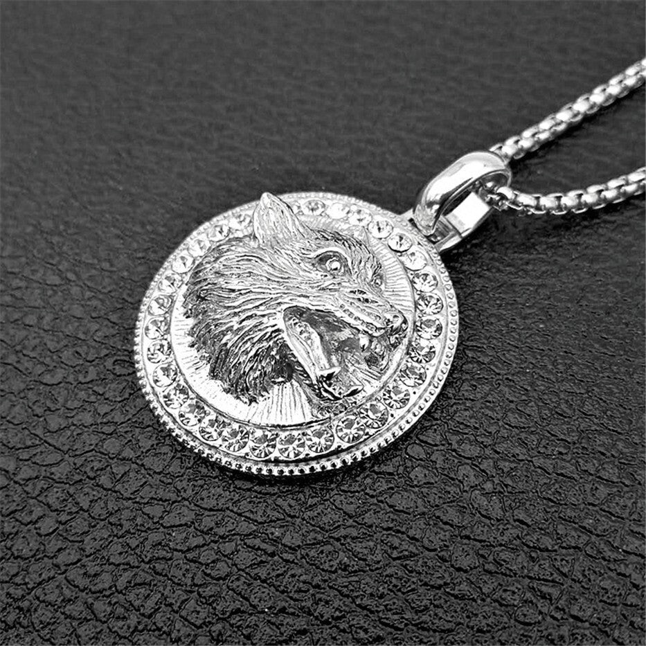 Herren Unisex Silber Brüllender Wolf Kopf Kristalle Solide Anhänger Geflechtkette Halskette | Shop Nory