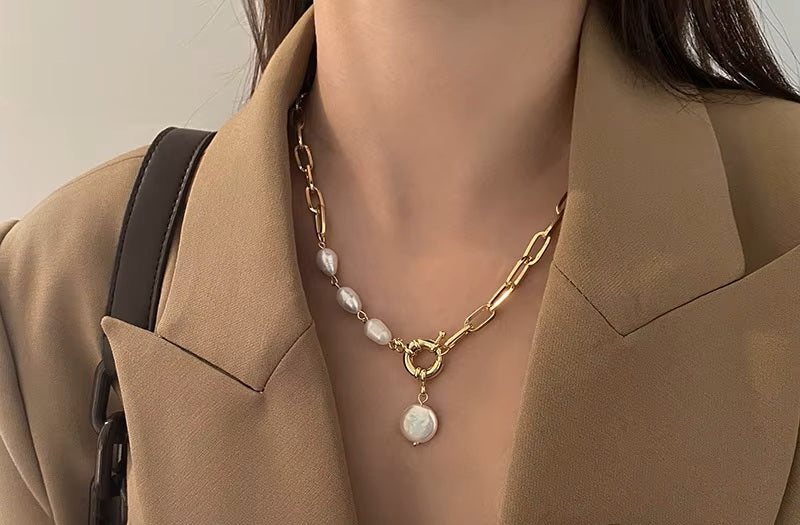 Damen Elegante Edelstahl Kette Barockperle Anhänger Party Halskette | Shop Nory