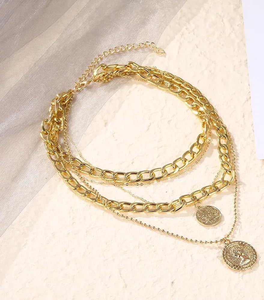 Damen Gold beschichtete dicke Glieder dünne Kette 5tlg Multi-Layer Münzanhänger Halskette | Shop Nory