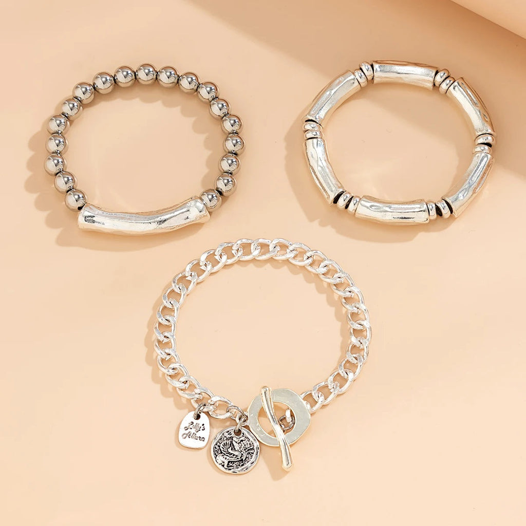 Damen Silberplattierte Chunky Runde Charm 3 Set Stapelbare Handchan Armband | Shop Nory