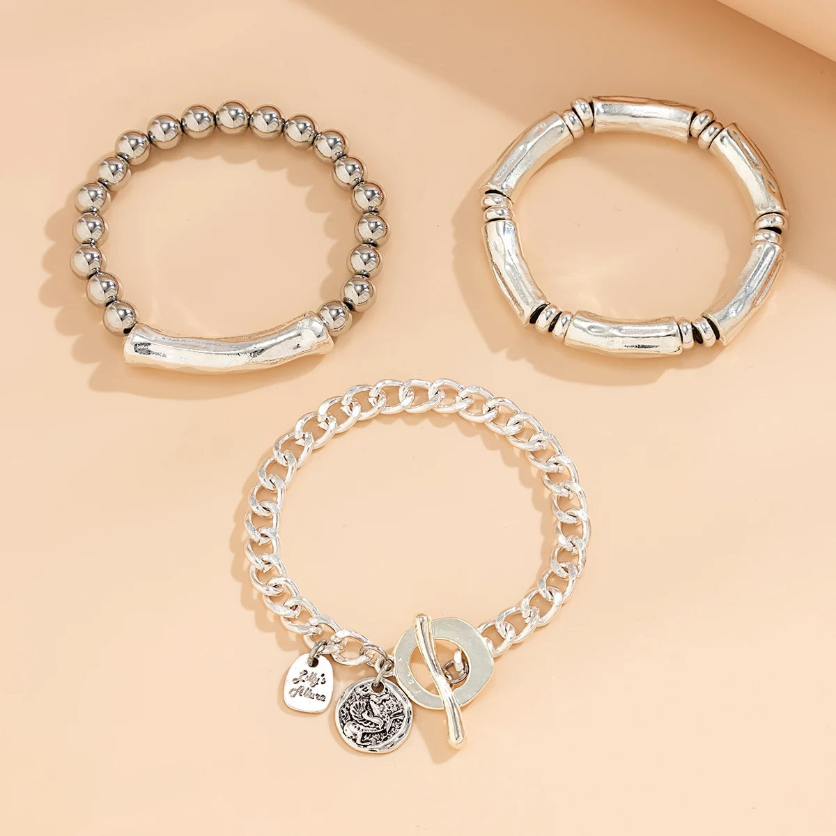 Damen Silberplattierte Chunky Runde Charm 3 Set Stapelbare Handchan Armband | Shop Nory