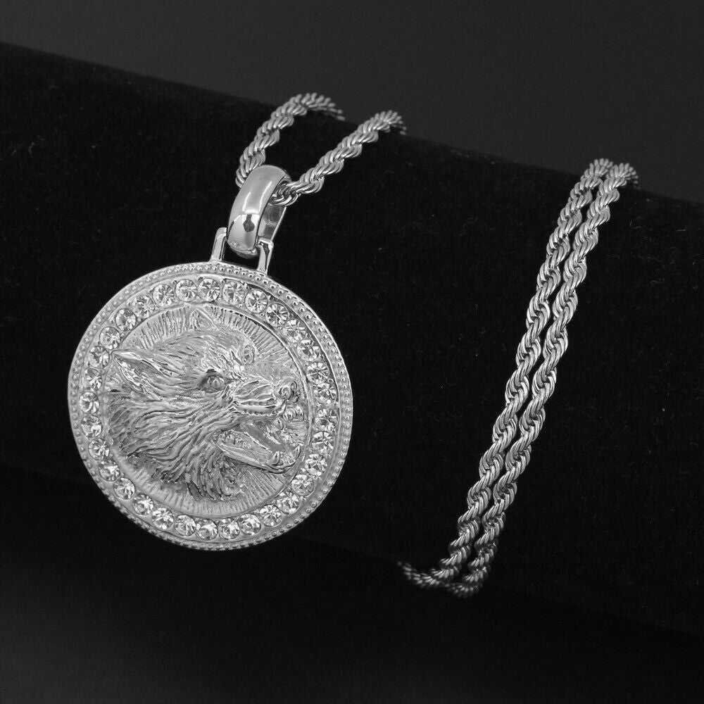 Herren Unisex Silber Brüllender Wolf Kopf Kristalle Solide Anhänger Geflechtkette Halskette | Shop Nory
