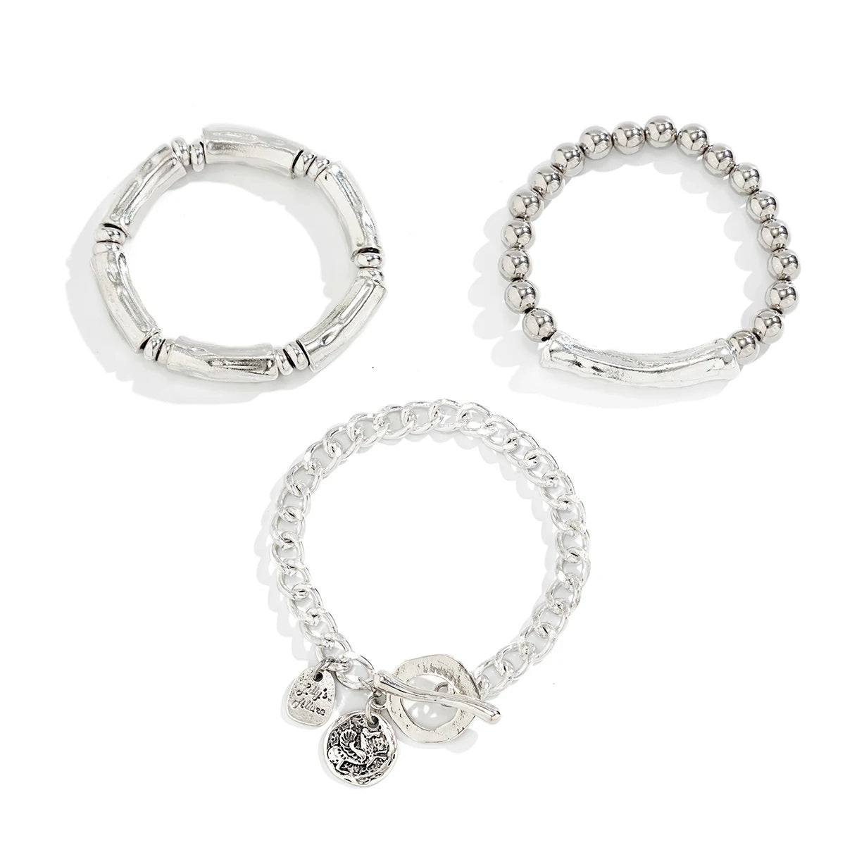 Damen Silberplattierte Chunky Runde Charm 3 Set Stapelbare Handchan Armband | Shop Nory