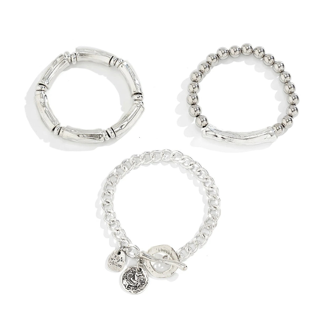 Damen Silberplattierte Chunky Runde Charm 3 Set Stapelbare Handchan Armband | Shop Nory