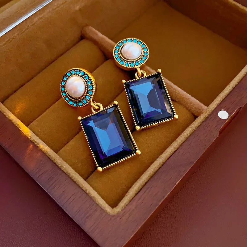 Damen Blau Grün Quadratische Kristalle Perlen Hängende Tropfen Ohrringe | Shop Nory