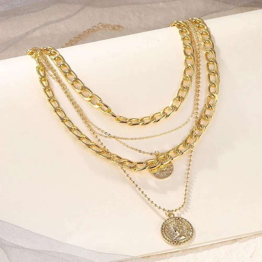 Damen Gold beschichtete dicke Glieder dünne Kette 5tlg Multi-Layer Münzanhänger Halskette | Shop Nory
