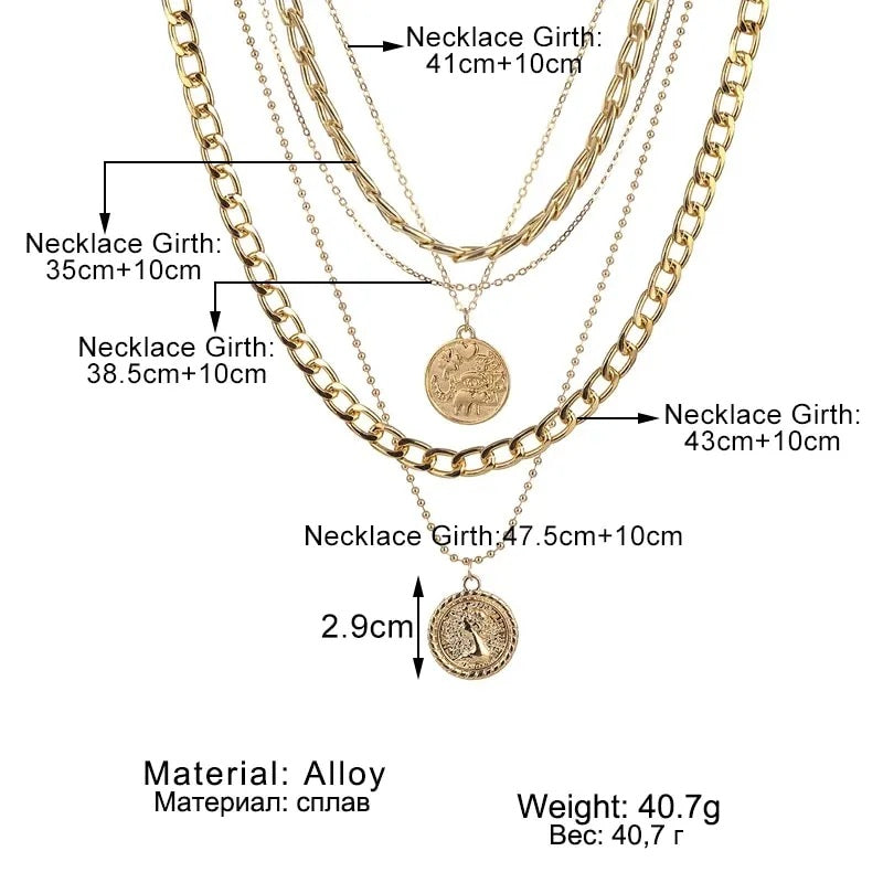 Damen Gold beschichtete dicke Glieder dünne Kette 5tlg Multi-Layer Münzanhänger Halskette | Shop Nory