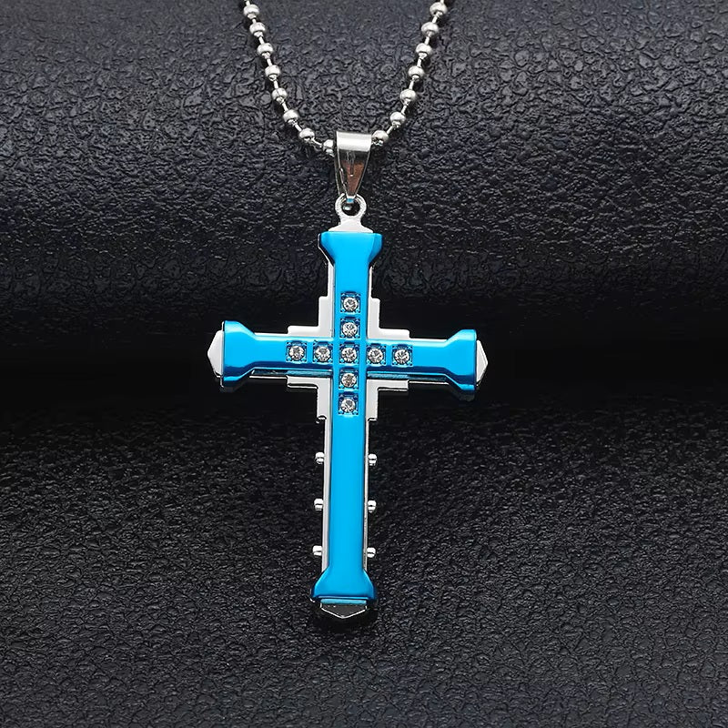 Damen Herren Unisex Einlagen Kristall Kreuz Anhänger Silber Lange Gliederkette Halskette | Shop Nory
