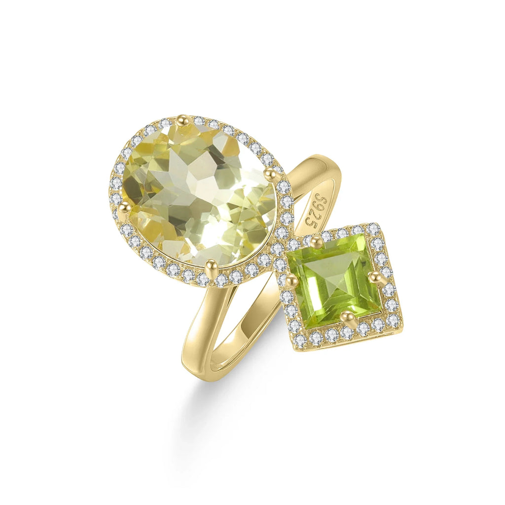 Verlobungsring mit Zitronencitrin, grünem Peridot und klarem CZ Cocktailring, Zwei-Stein-Ring | Shop Nory