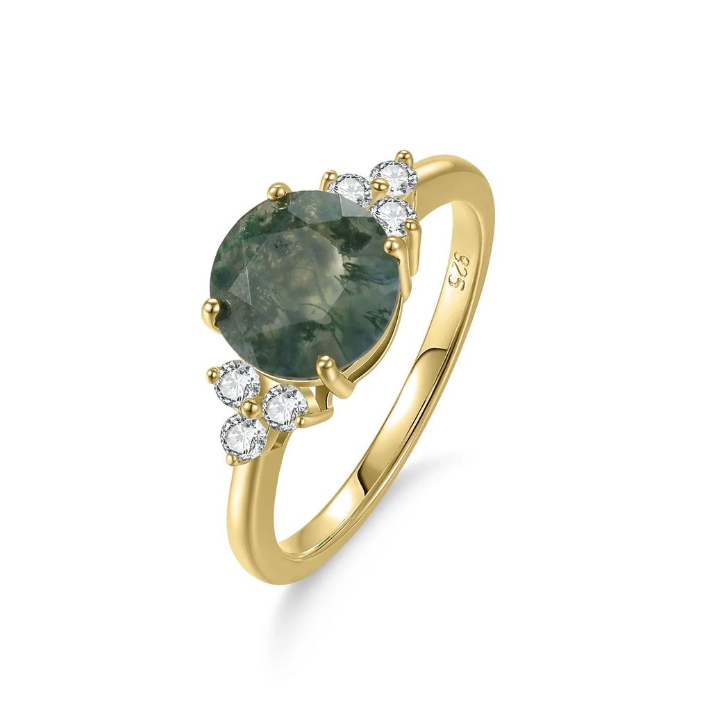 Moosachat-Ring mit rundem Moosachat und drei Zirkonia auf jeder Seite, goldener Versprechensring | Shop Nory