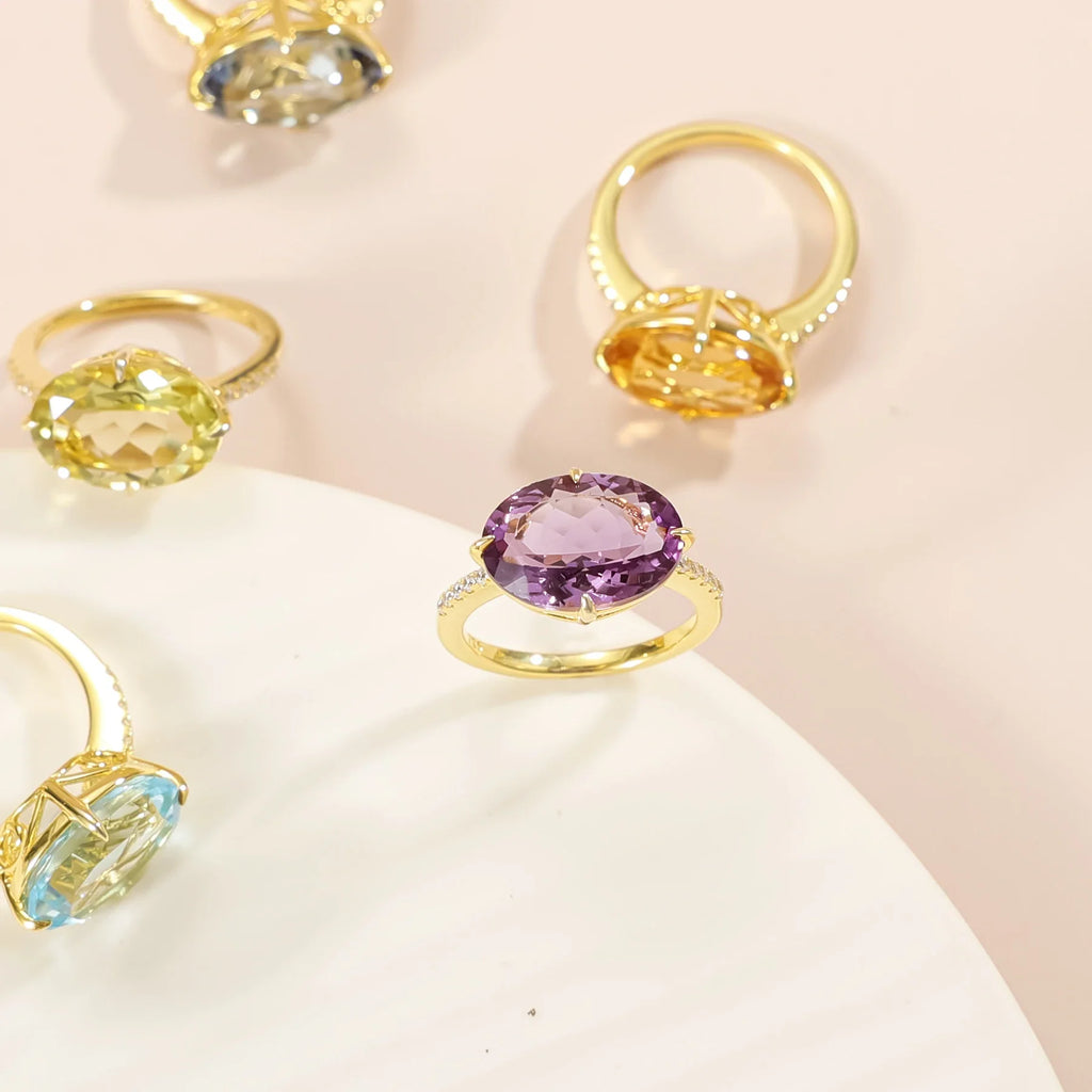 Cocktailringe mit großen ovalen Edelsteinen Amethyst Topas Citrin Zitronenquarz Mystischer Quarz | Shop Nory