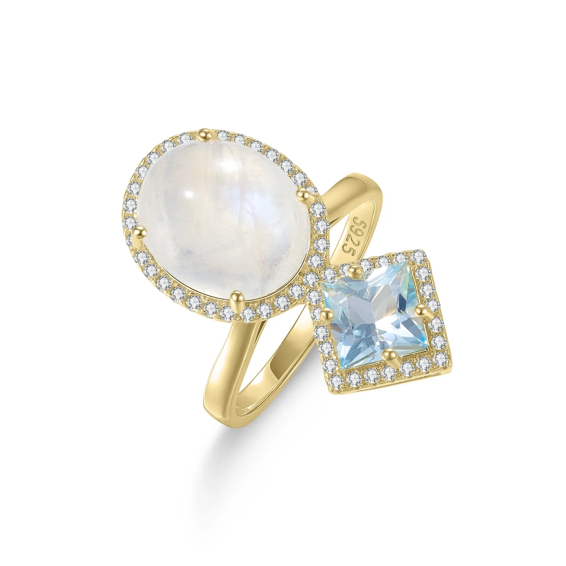 Mondstein- und blauer Topas-Ring mit großen Edelsteinen Kristallring Zwei-Stein-Ring niedlicher Ring | Shop Nory