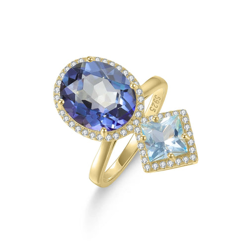 Blauer mystischer Quarzring mit blauem Topas, Zwei-Stein-Verlobungsring | Shop Nory