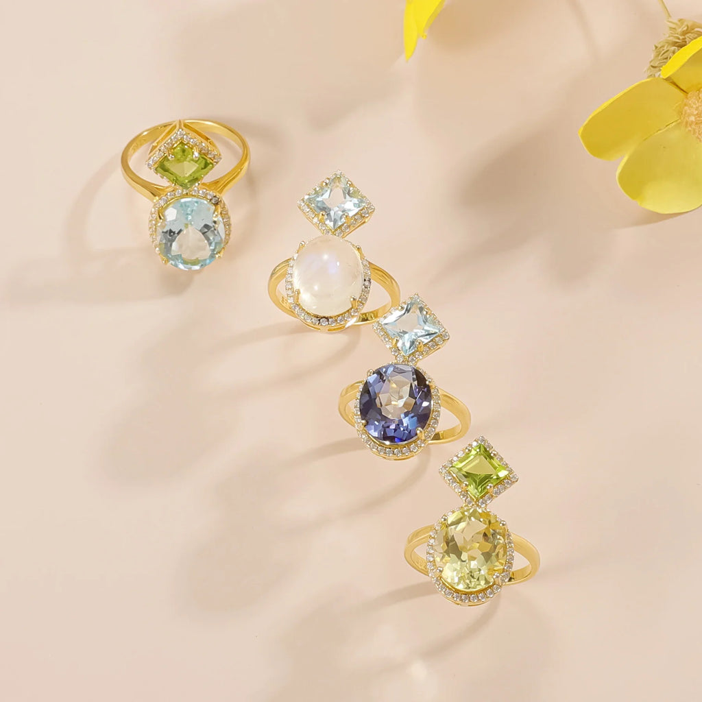 Mondstein- und blauer Topas-Ring mit großen Edelsteinen Kristallring Zwei-Stein-Ring niedlicher Ring | Shop Nory