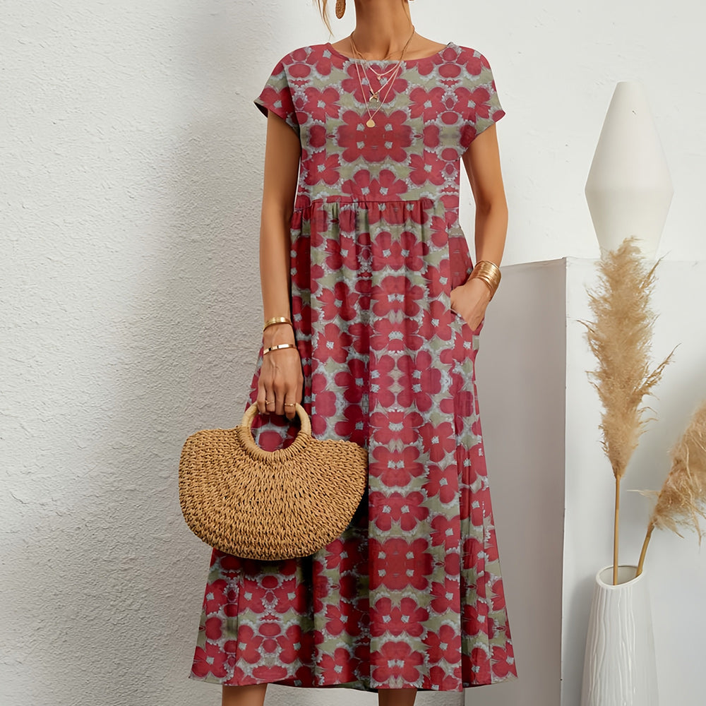 Kurzärmliges, Locker Sitzendes Midikleid mit Rundhalsausschnitt