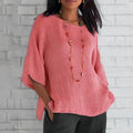 Rosafarbenes, Lockeres Rundhals-Shirt mit 3/4-Ärmeln für Damen