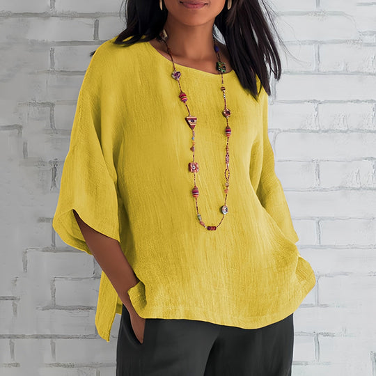 Rosafarbenes, Lockeres Rundhals-Shirt mit 3/4-Ärmeln für Damen