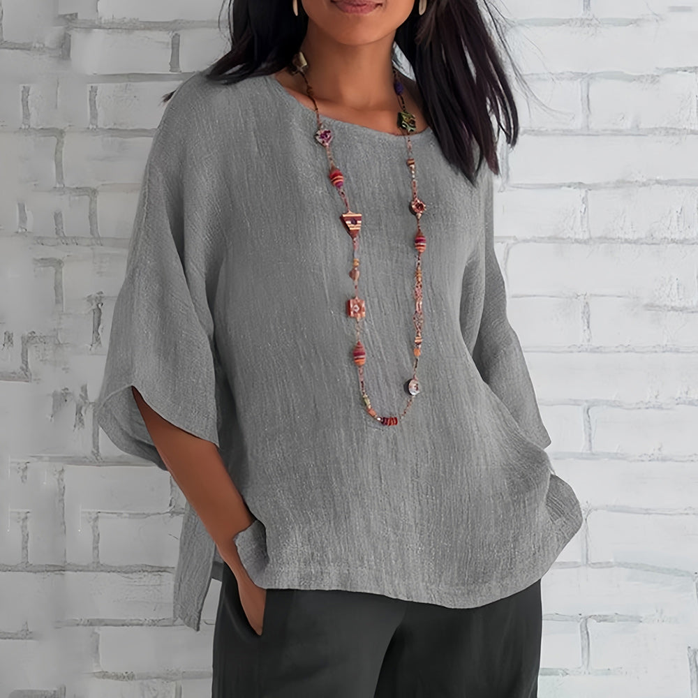 Rosafarbenes, Lockeres Rundhals-Shirt mit 3/4-Ärmeln für Damen