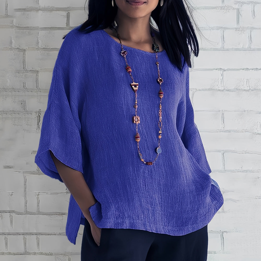 Rosafarbenes, Lockeres Rundhals-Shirt mit 3/4-Ärmeln für Damen