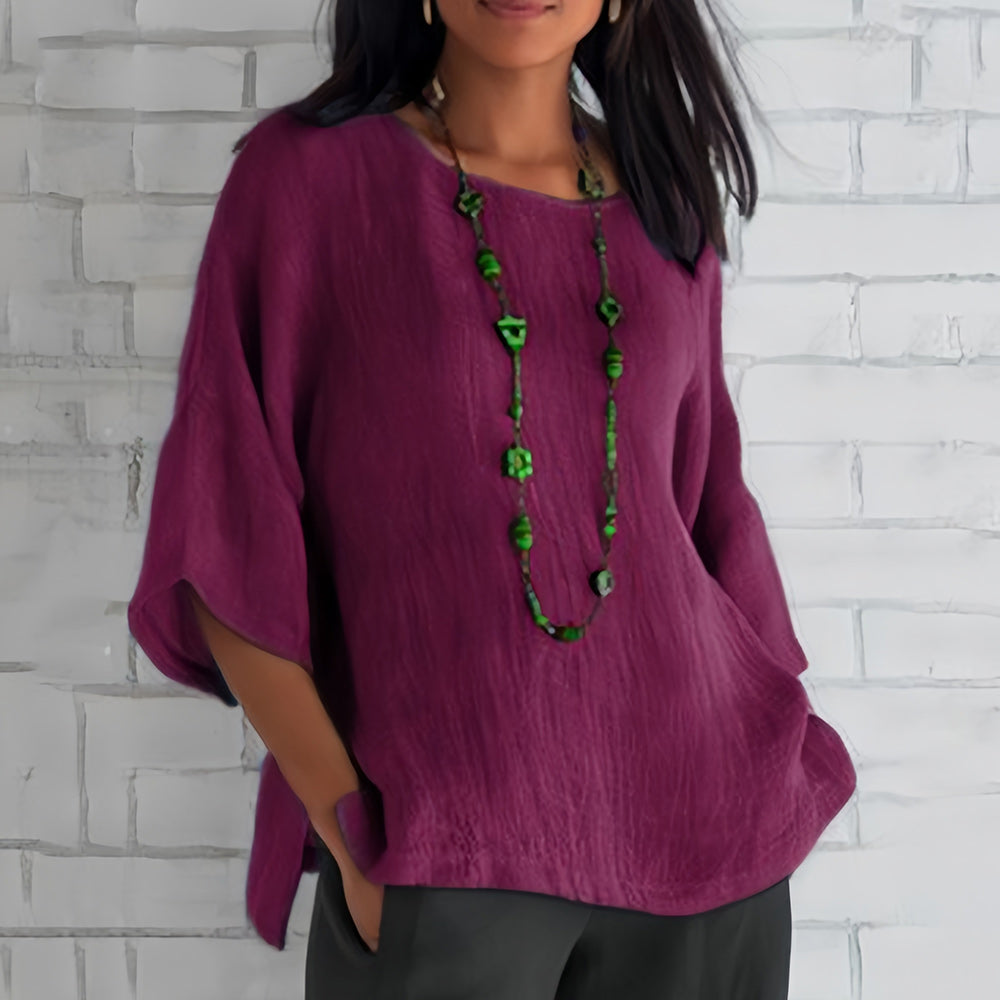 Rosafarbenes, Lockeres Rundhals-Shirt mit 3/4-Ärmeln für Damen