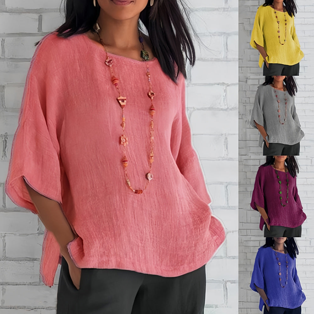 Rosafarbenes, Lockeres Rundhals-Shirt mit 3/4-Ärmeln für Damen