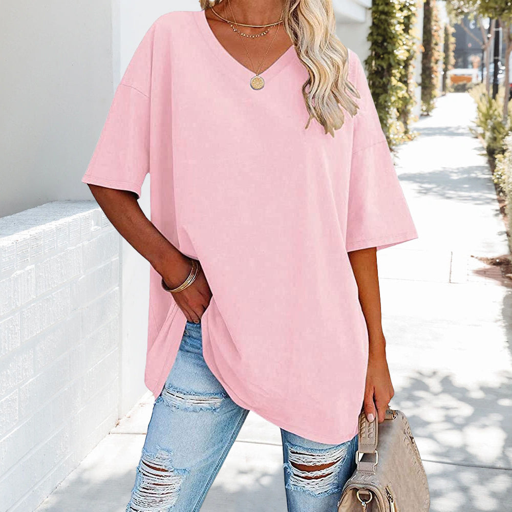 Einfarbiges Neues Damen-T-Shirt Aus Baumwolle mit V-Ausschnitt