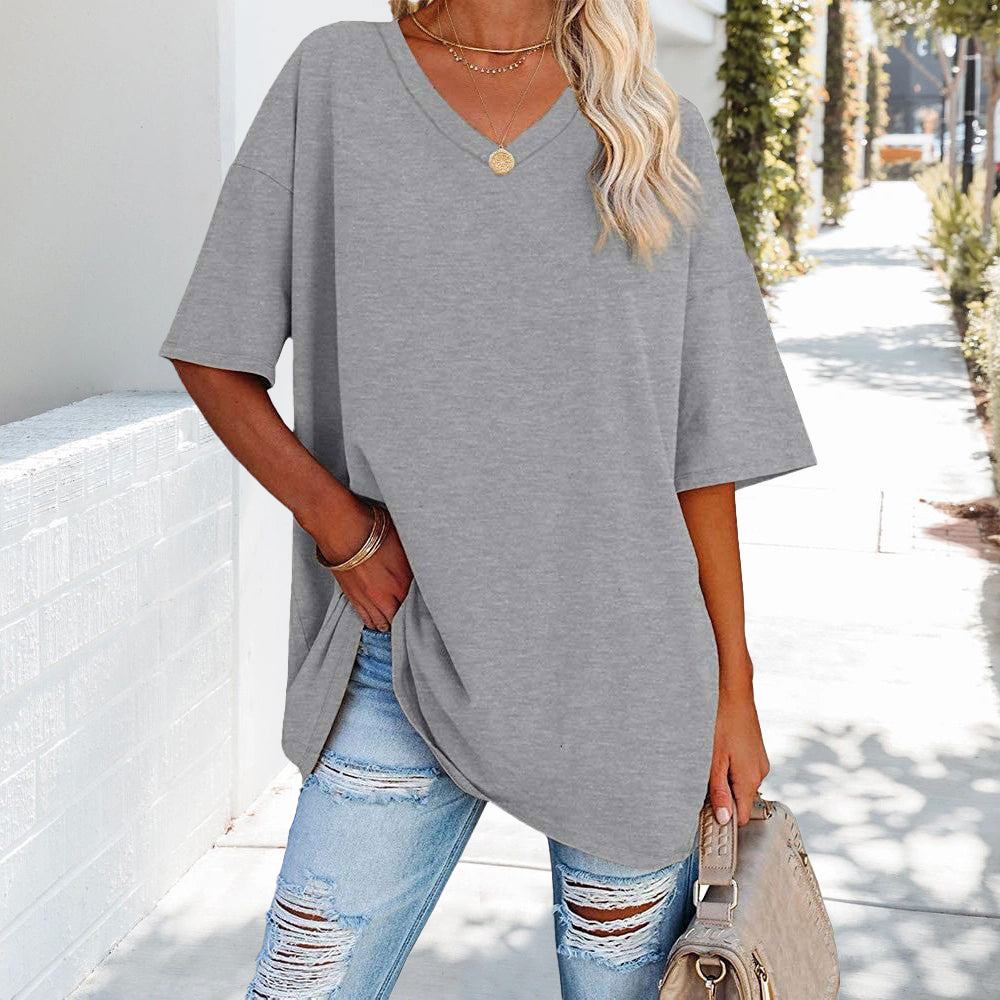Einfarbiges Neues Damen-T-Shirt Aus Baumwolle mit V-Ausschnitt