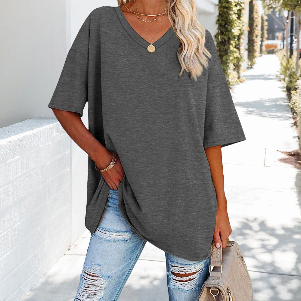 Einfarbiges Neues Damen-T-Shirt Aus Baumwolle mit V-Ausschnitt