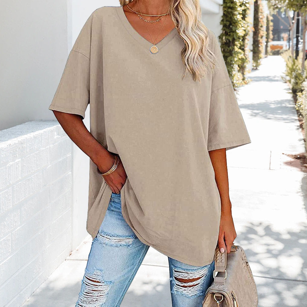 Einfarbiges Neues Damen-T-Shirt Aus Baumwolle mit V-Ausschnitt