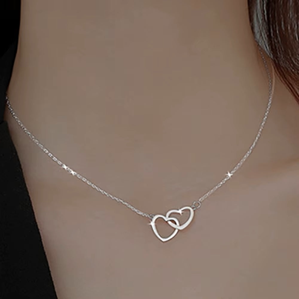 Damen Silberkette Ausschnitt Doppelherz Choker Edelstahl Halskette | Shop Nory