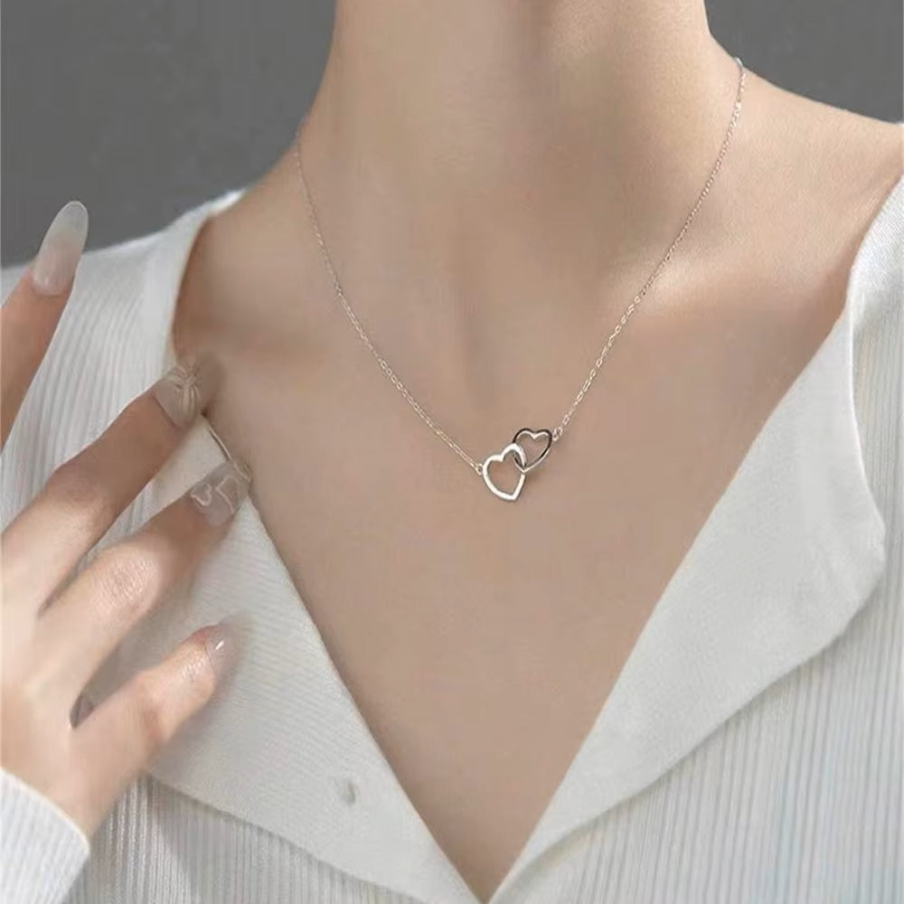 Damen Silberkette Ausschnitt Doppelherz Choker Edelstahl Halskette | Shop Nory