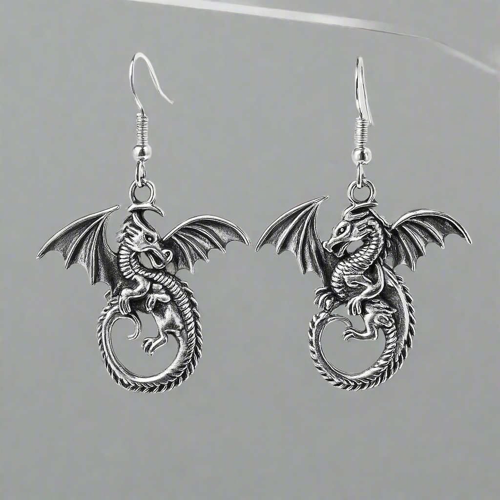 Large Silver Gothic Dragon Charm Earrings | Shop Nory