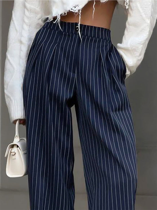 Elegante Nadelstreifen-Faltenhose mit Weitem Bein