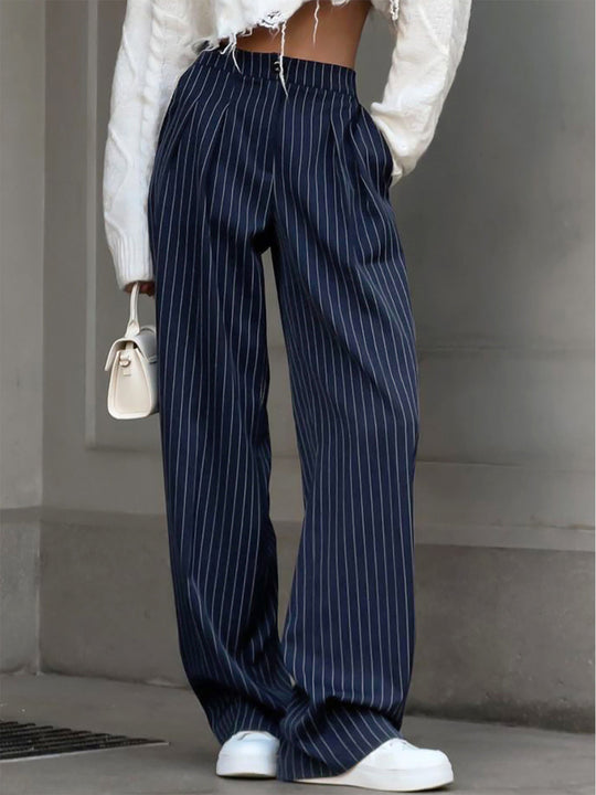 Elegante Nadelstreifen-Faltenhose mit Weitem Bein