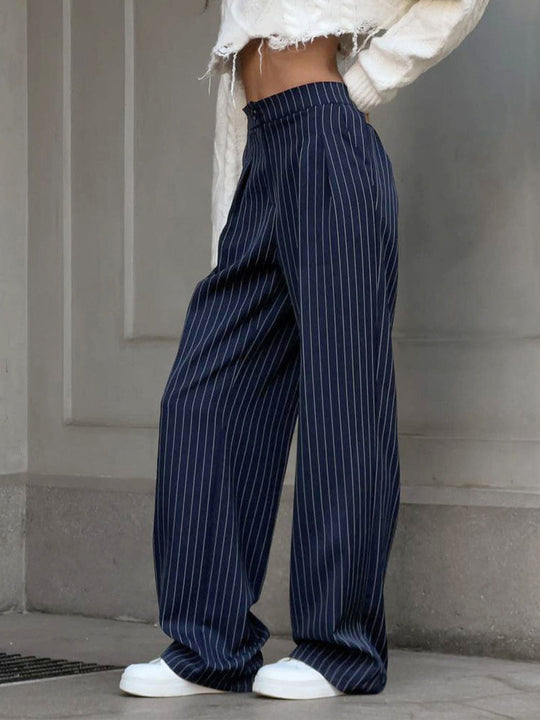 Elegante Nadelstreifen-Faltenhose mit Weitem Bein