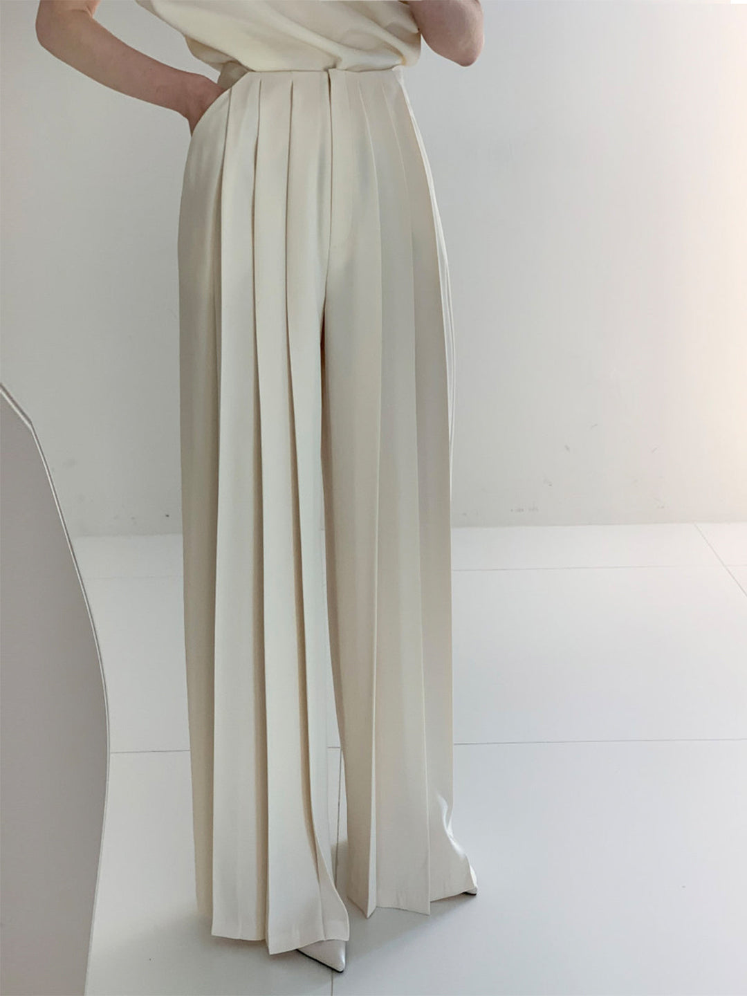 Elegante Plissierte High Waist Hose mit Weitem Bein