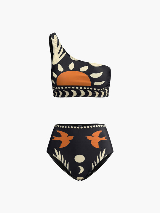Shopnory | Bikini Satz Asymmetrischer Hals Hoch Geschnitten Vogelprint Bademode