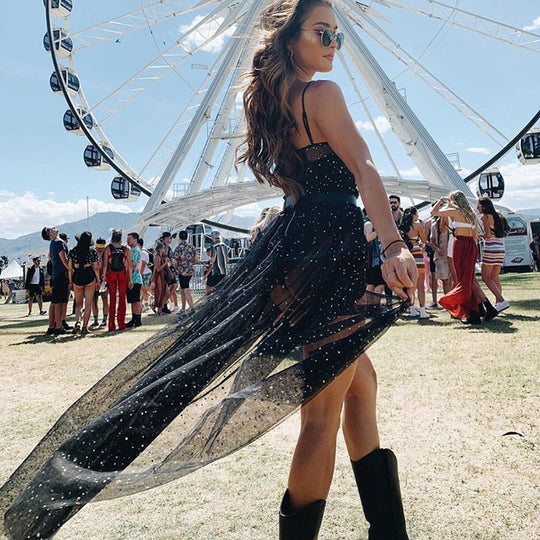 Stern Schwarz Netz Transparent Ärmelloses Maxi-Kleid