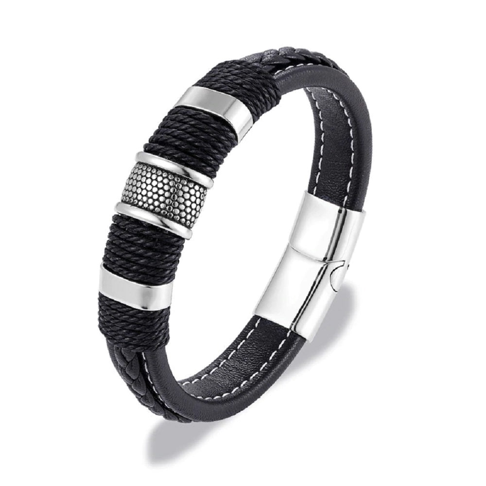 Herren Mehrschichtige Geflochtene Leder- &amp; Edelstahlstäbe Magnetverschluss Armbänder | Shop Nory