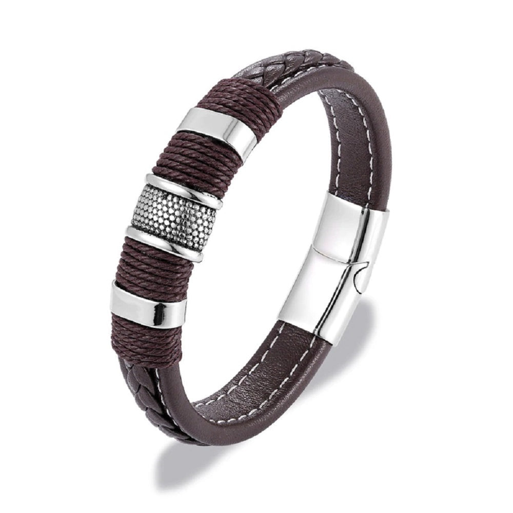 Herren Mehrschichtige Geflochtene Leder- &amp; Edelstahlstäbe Magnetverschluss Armbänder | Shop Nory