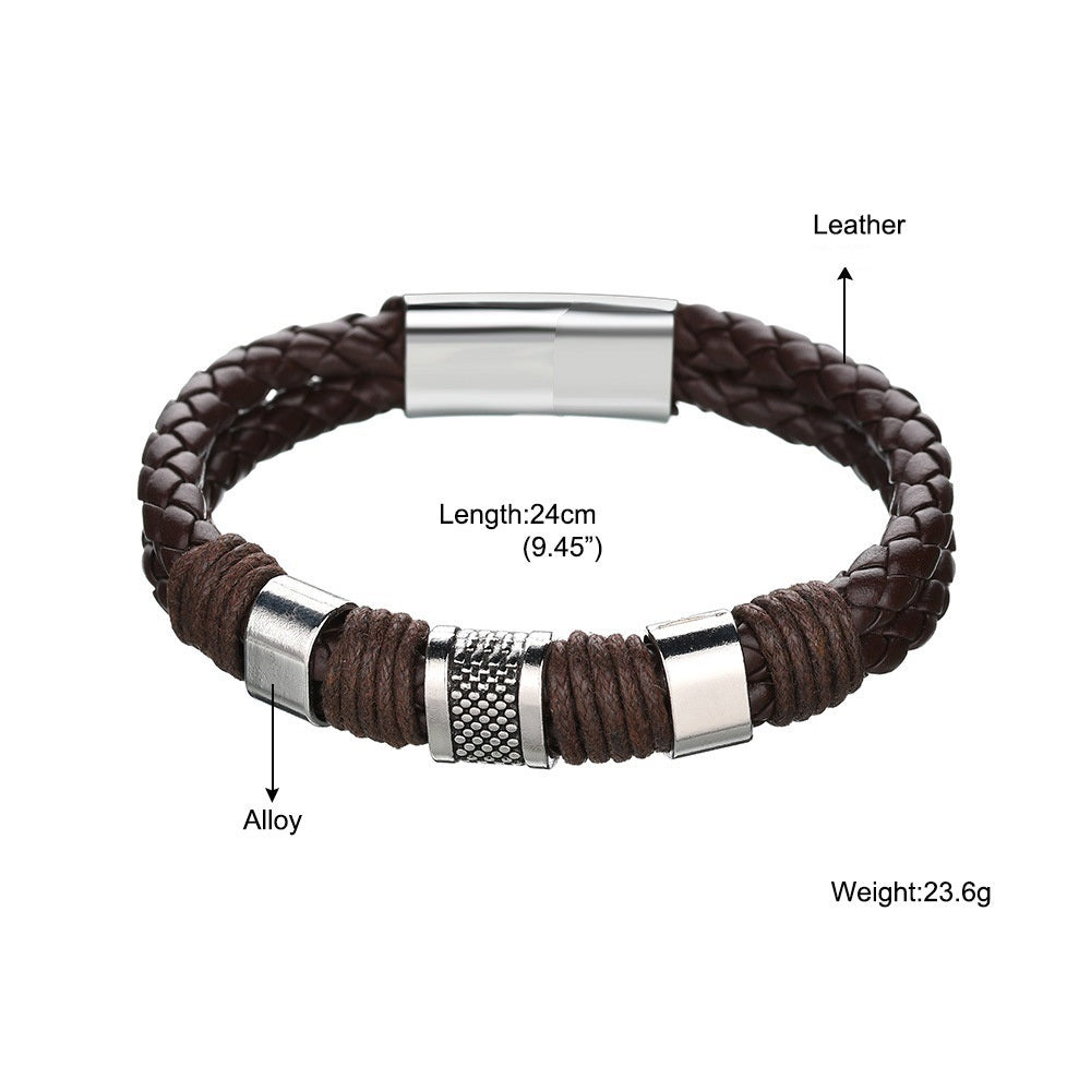 Herren Mehrschichtige Geflochtene Leder- &amp; Edelstahlstäbe Magnetverschluss Armbänder | Shop Nory