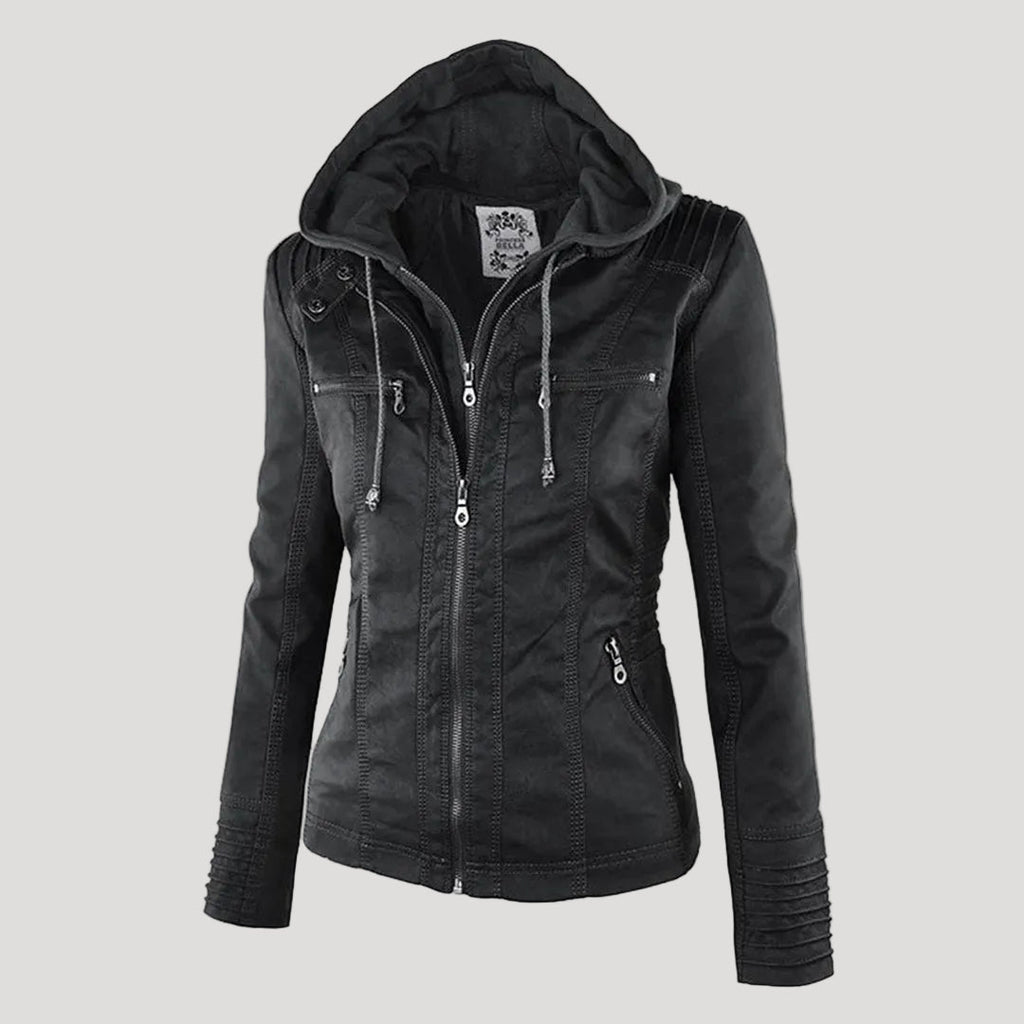 Wetterfester Damen Faux Lederjacke mit Kapuze