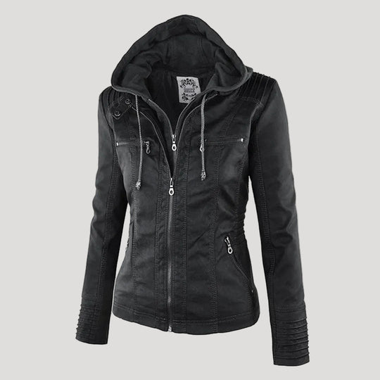 Wetterfester Damen Faux Lederjacke mit Kapuze