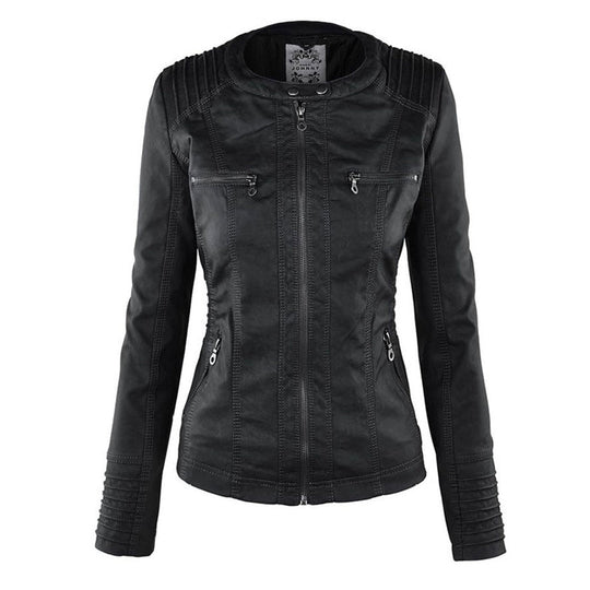 Wasserdichte Damen Lederjacke Mit Abnehmbarem Kapuzen