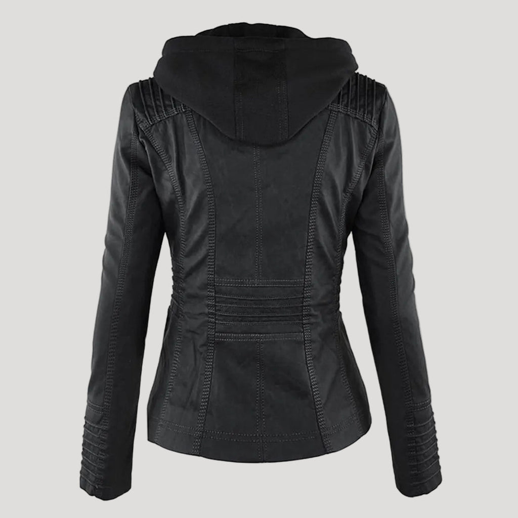 Wetterfester Damen Faux Lederjacke mit Kapuze