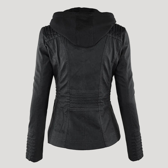 Wetterfester Damen Faux Lederjacke mit Kapuze