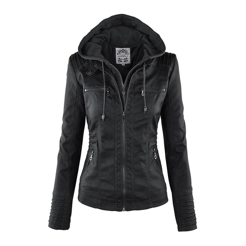 Wetterfester Damen Faux Lederjacke mit Kapuze