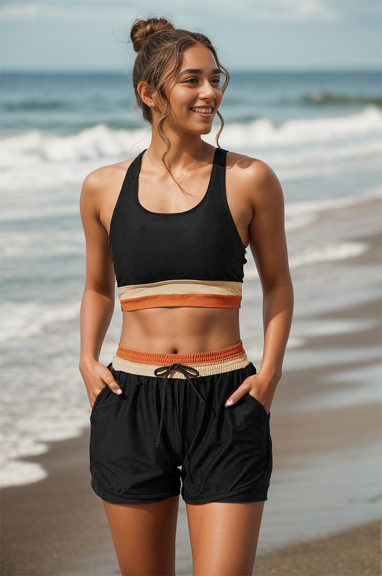 Schwarzes Colorblock Reißverschluss Rücken Sport Bikini-Oberteil mit Boyshort-Set